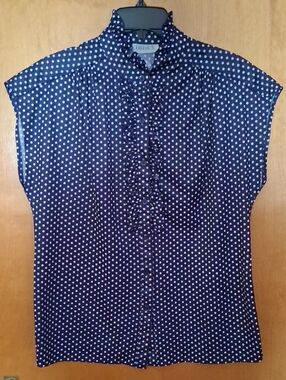 Vintage Navy & White Polka Dot Ruffle Front Cap Sleeve Blouse Size 14